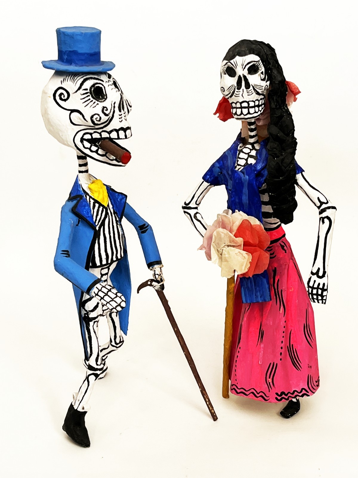 2 1970s SIGNED LINARES MEXICAN CARTONERIA PAPER MACHE SKELETON CATRINA SCULPTURE
