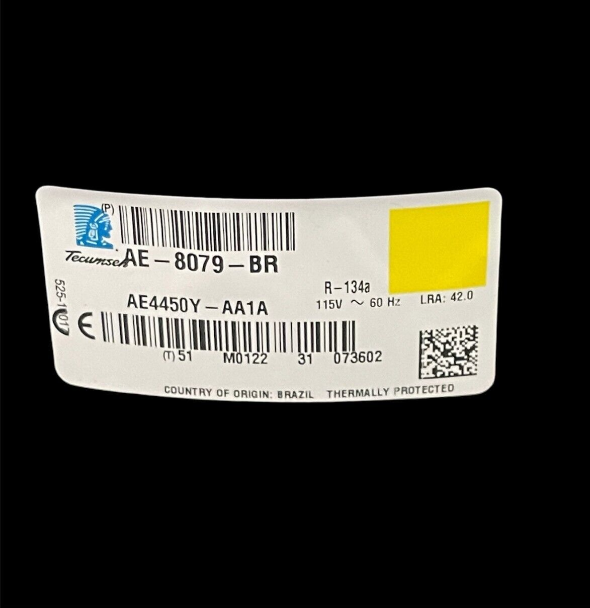 Tecumseh AE4450Y-AA1A Compressor 1/2 HP 115V/1PH/60HZ BTU/H=5450 3TUBES R134A