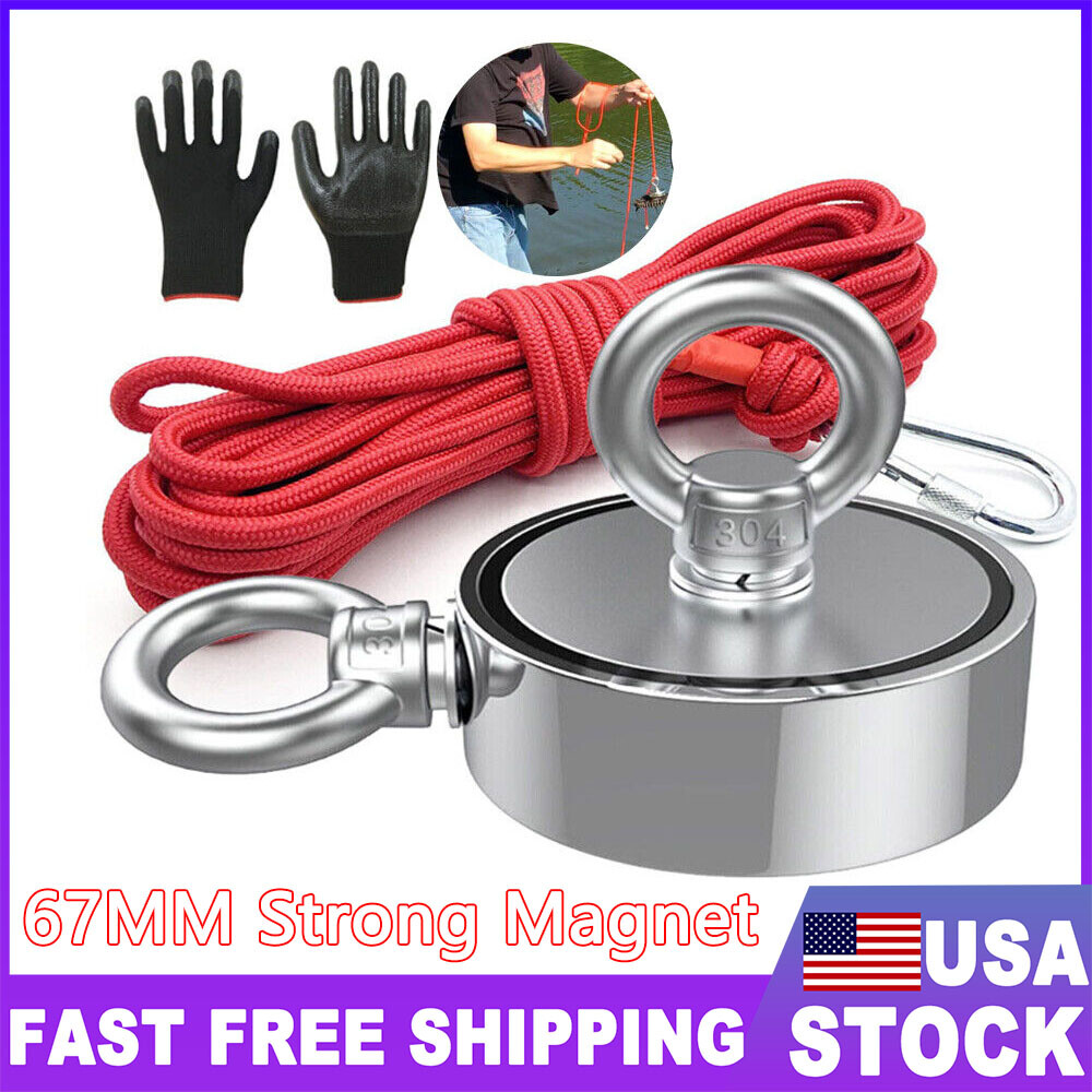 1300 LBS Strong Fishing Magnet Kit Double-Sided Pull Force and Rope Carabiner US