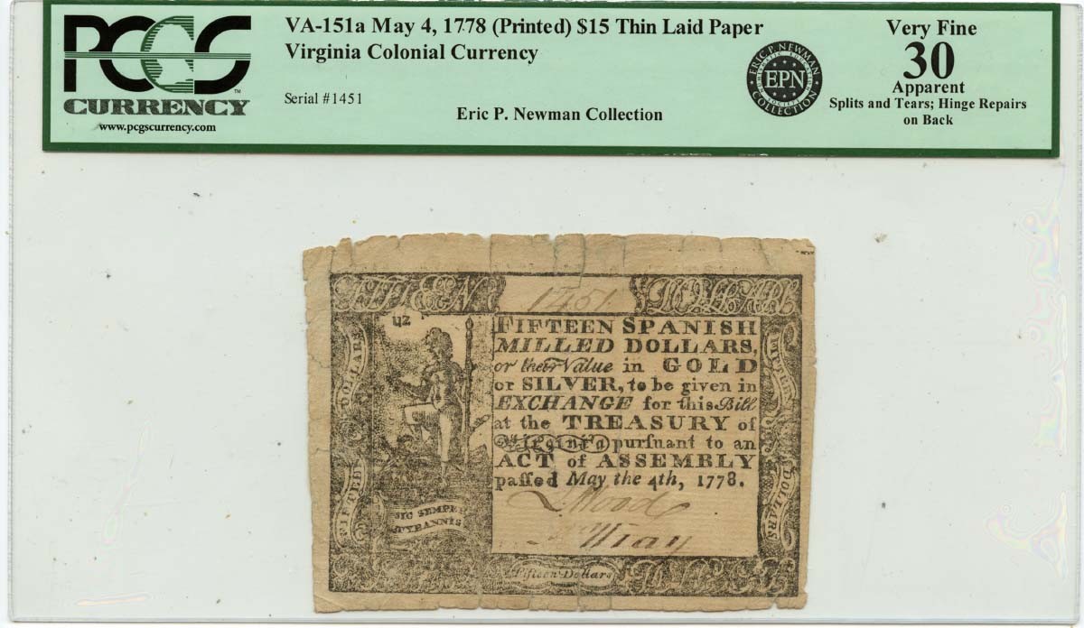 1778 May 4, $15 Virginia Colonial Note FR#VA-151a PCGS VF30 10 Known