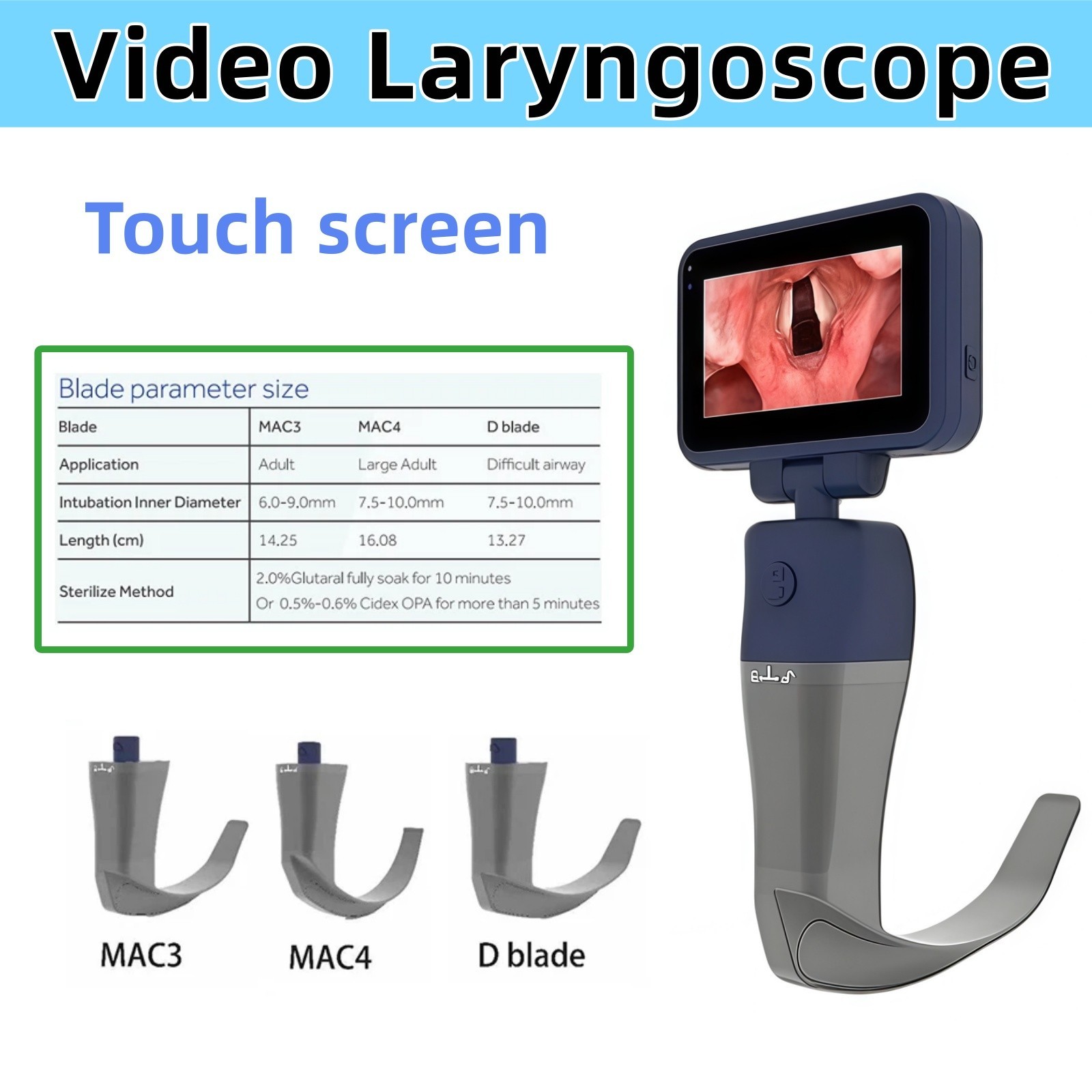 New  3.5 " Touch screen Digital Video Laryngoscope Reusable Sterilizable Blades