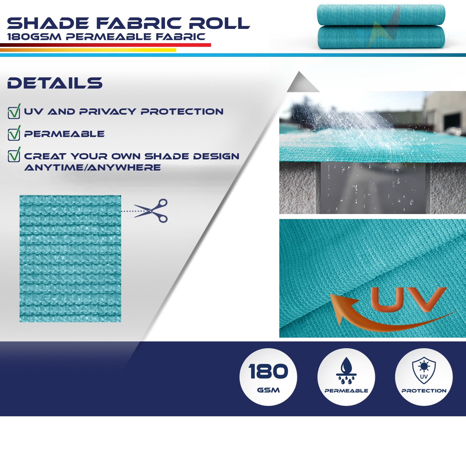 6ft Sun Shade Cloth Fabric Roll for Pergola Cover Canopy Shade Sail Lake Blue