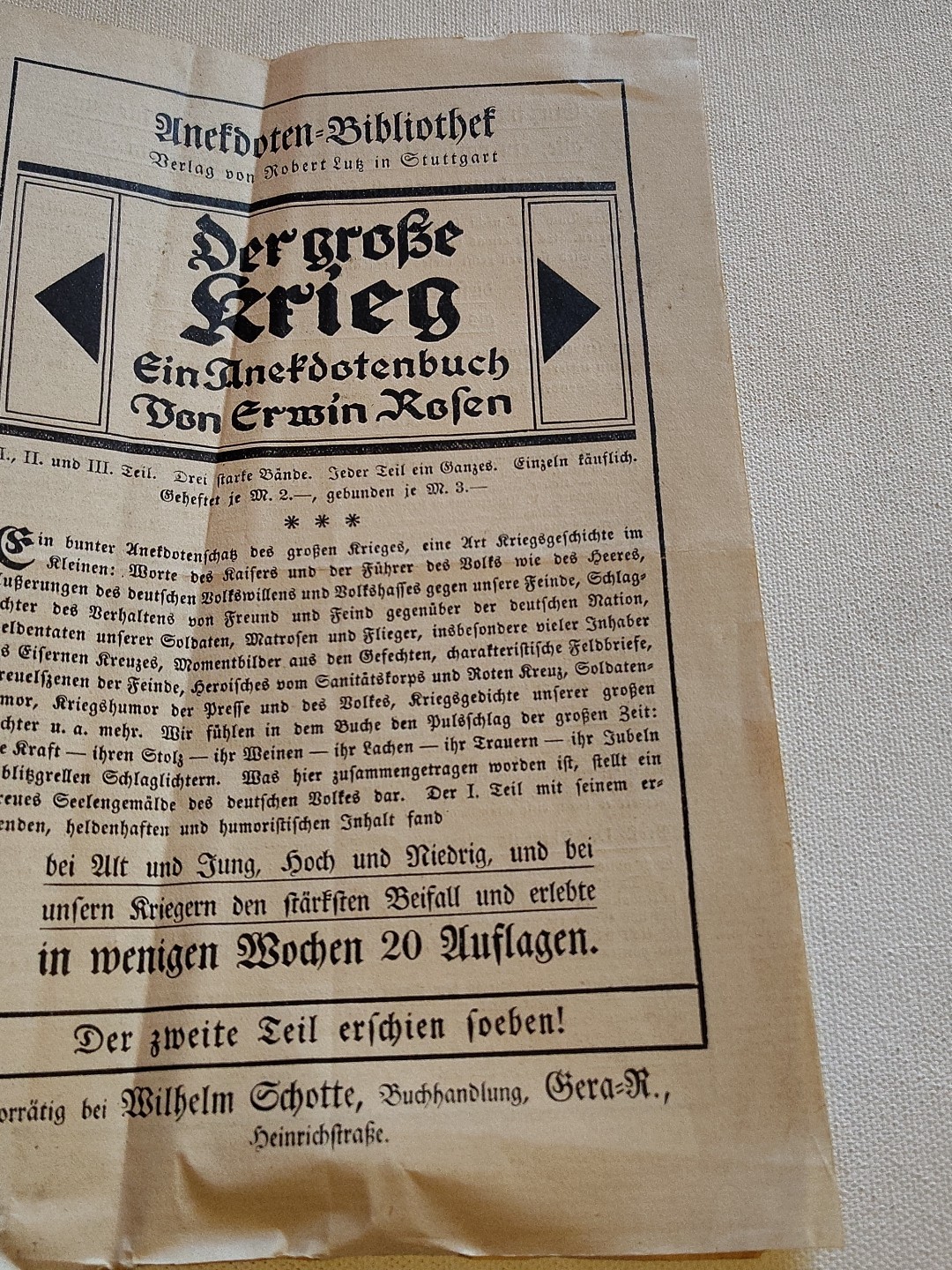 Rare 1914 German Advertisement Flyer "Der große Krieg" The Great War Book Series