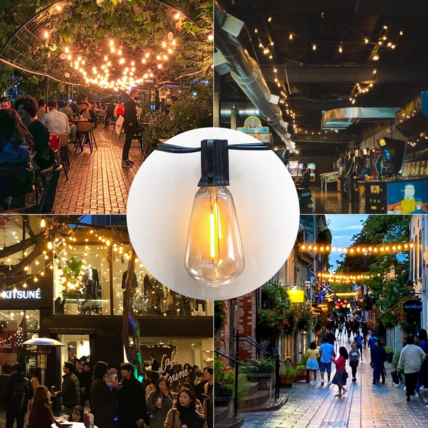 LED Outdoor String Lights, ST38 LED Patio Lights with E12 Edison Vintage Bulbs