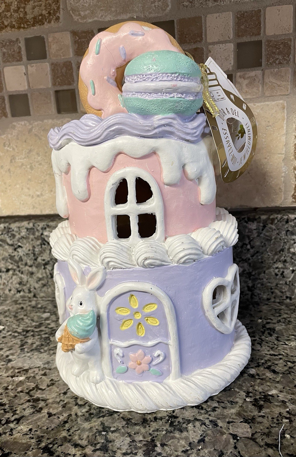 NWT Bella Lux Easter Pastel Frosted Resin Treats Donut & Macaroon Faux LED Cake