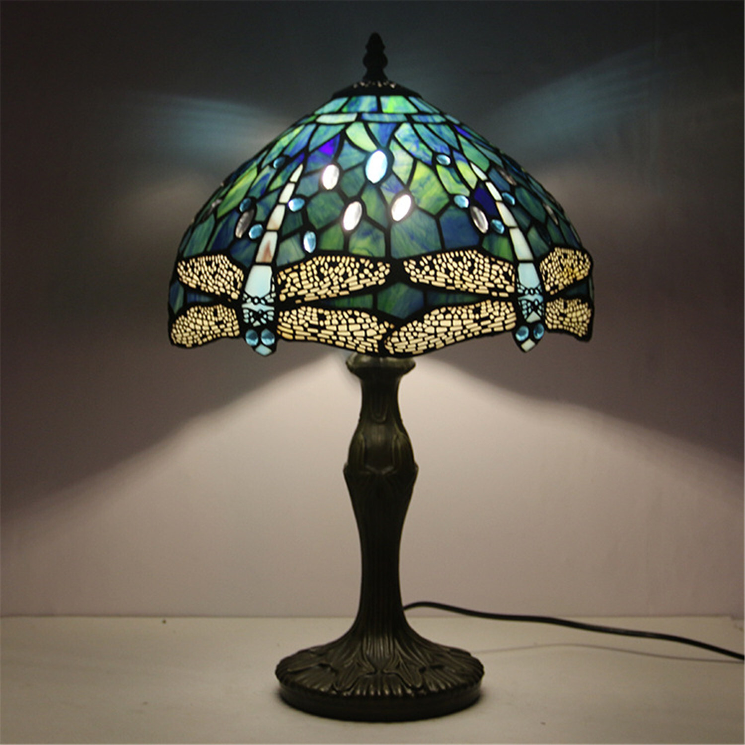 Dragonfly Style Tiffany Table Lamp Stained Glass Desk Light for Home Decor H 18"