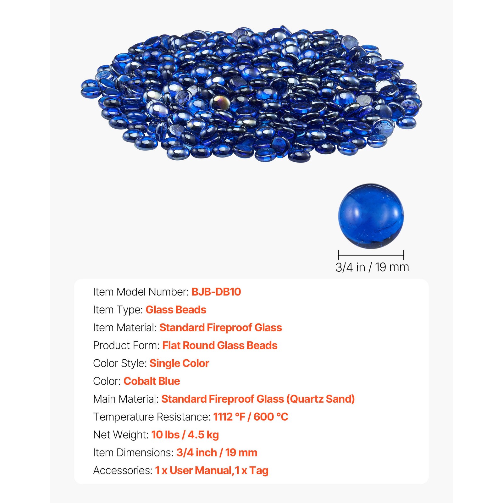 Uimoso 10 lbs 3/4-Inch Round Cobalt Blue Fire Pit Glass Rocks