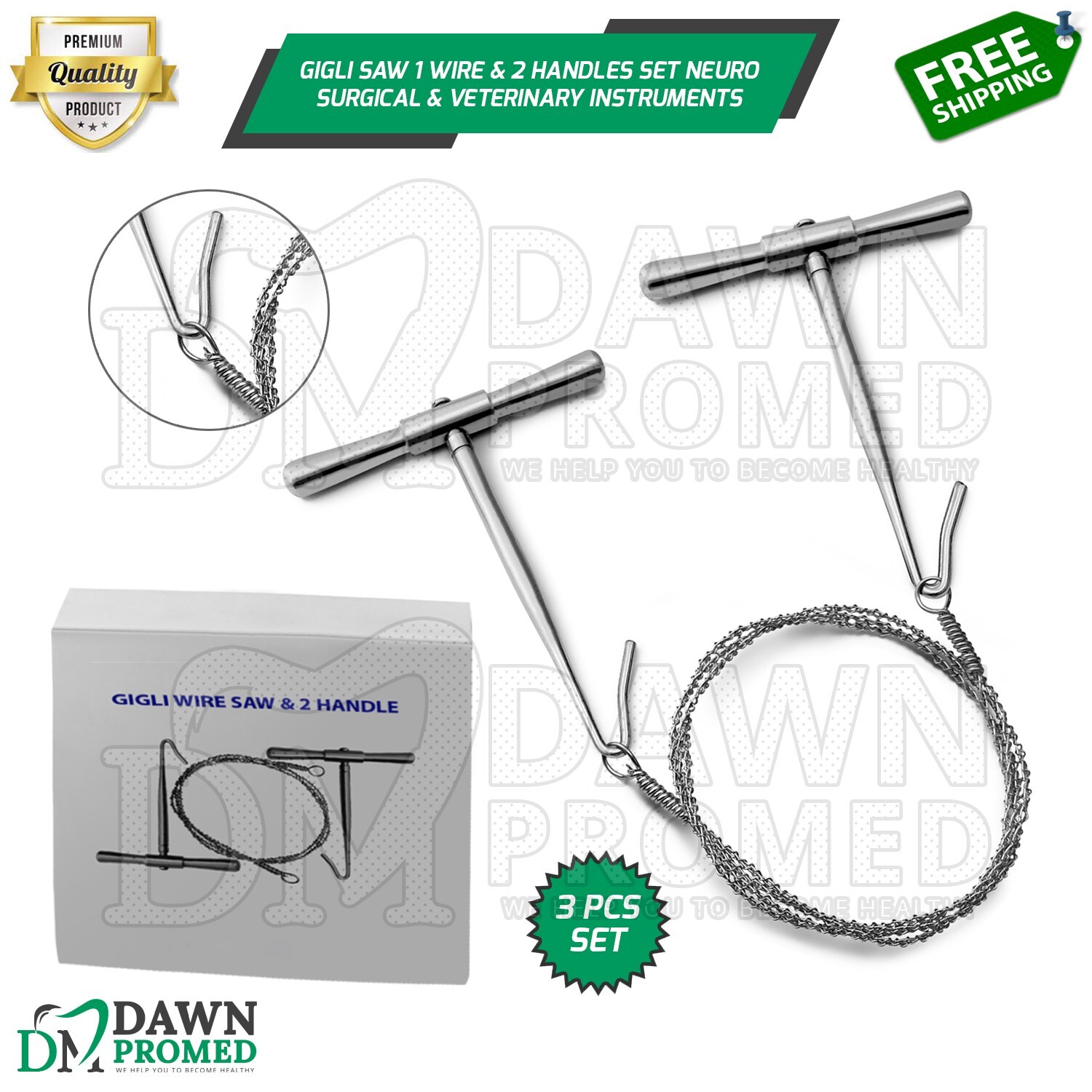 Gigli Saw Wire & Handles 3 Pcs Set Neuro Surgical & Veterinary Inst German Grade