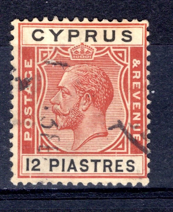 Cyprus 1924 sg 114 12 pi chestnut & black FRAME BREAK AT BASE FU cat £65