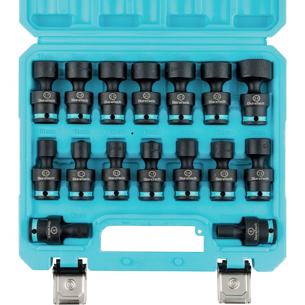 DURATECH 16PC 3/8" Drive Shallow Impact Swivel Socket Set Wobble Metric 8mm-24mm