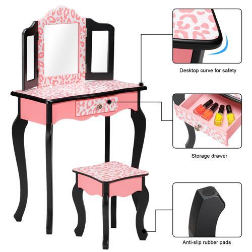 Kids Vanity Set Table and Stool with Drawer Dressing Mirror Pink Girls Gifts
