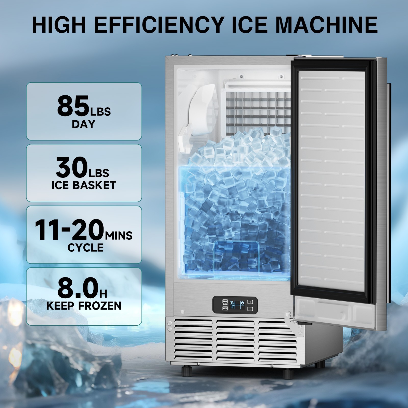 Commercial Under Counter Ice Maker Machine, 85 Lbs/Day Auto-Cleaning Ice Machine