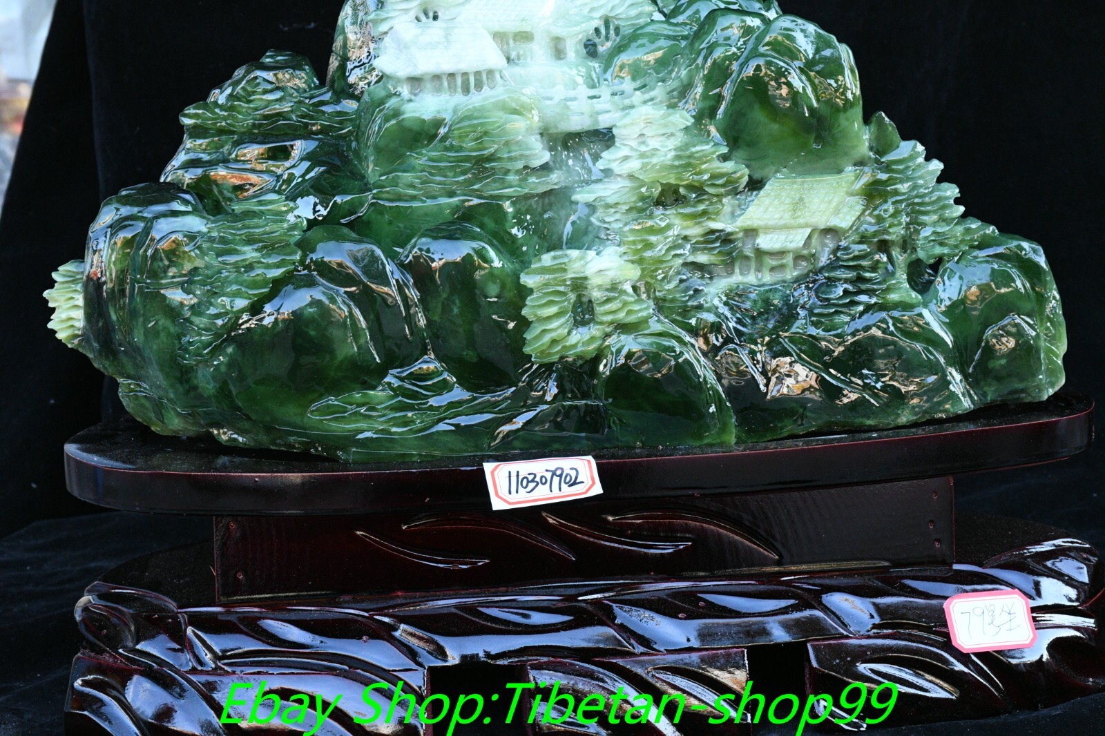 17.3'' Natural Xiu Green Jade Carving Mountain Tree House Shanzi Sculpture