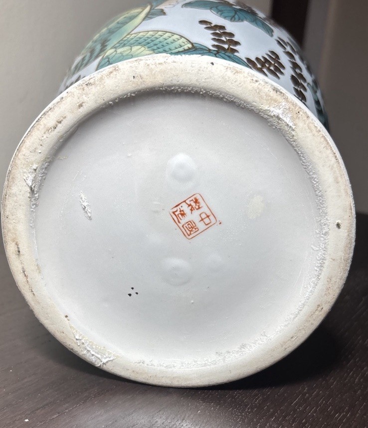 Beautiful Pair of Large Chinese Jingdezhen Porcelain Vases on Brass Stands 16”