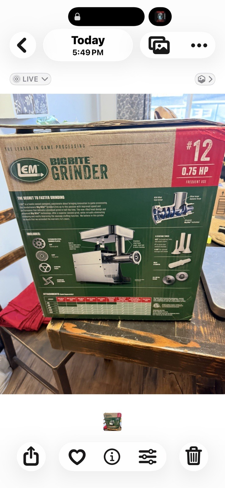 BARELY USED…LEM BigBite #12 Stainless Steel Meat Grinder, 0.75 HP,