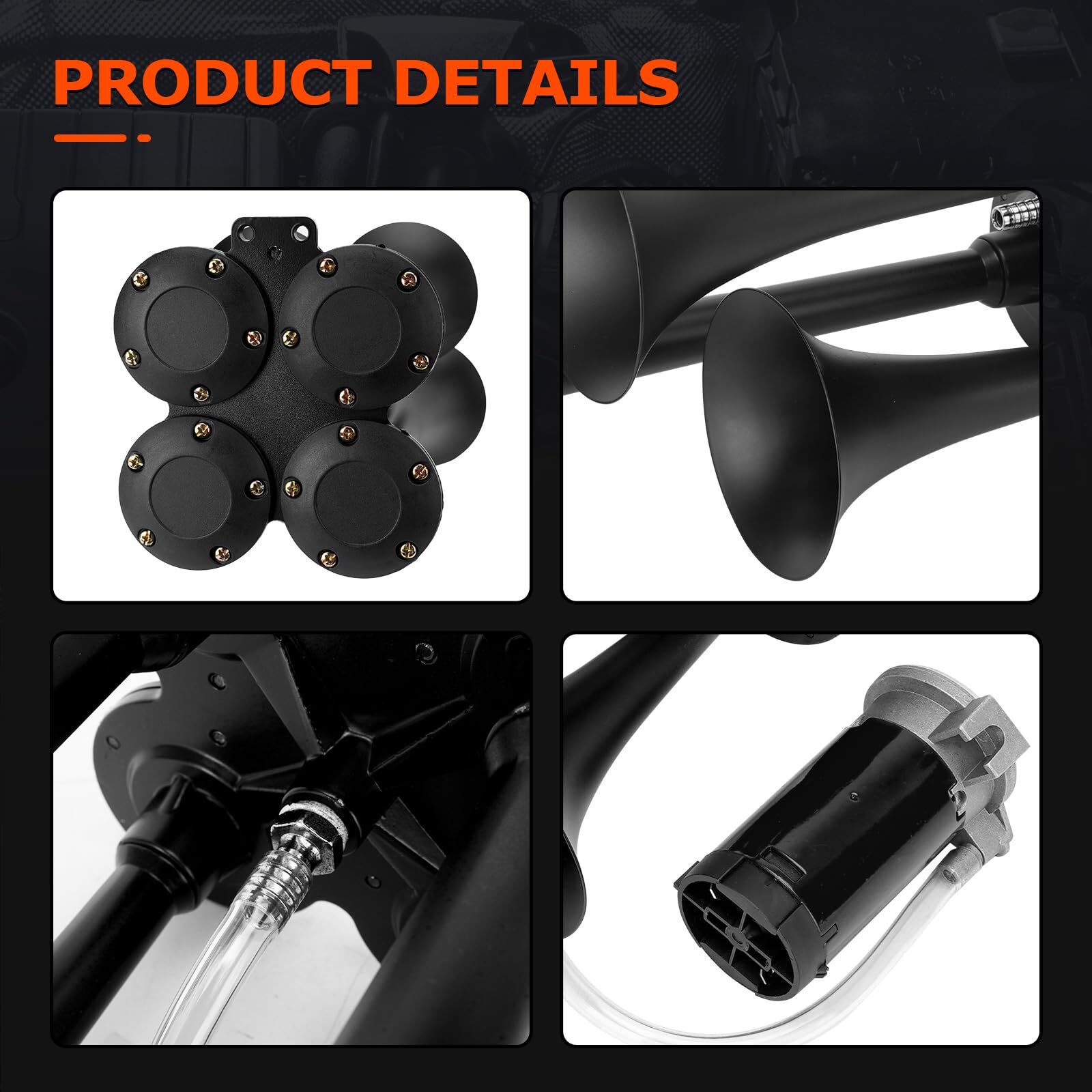 12V 185DB Loud Sound 4 Trumpet Black Train Air Horn Kit For Truck Pickup Car