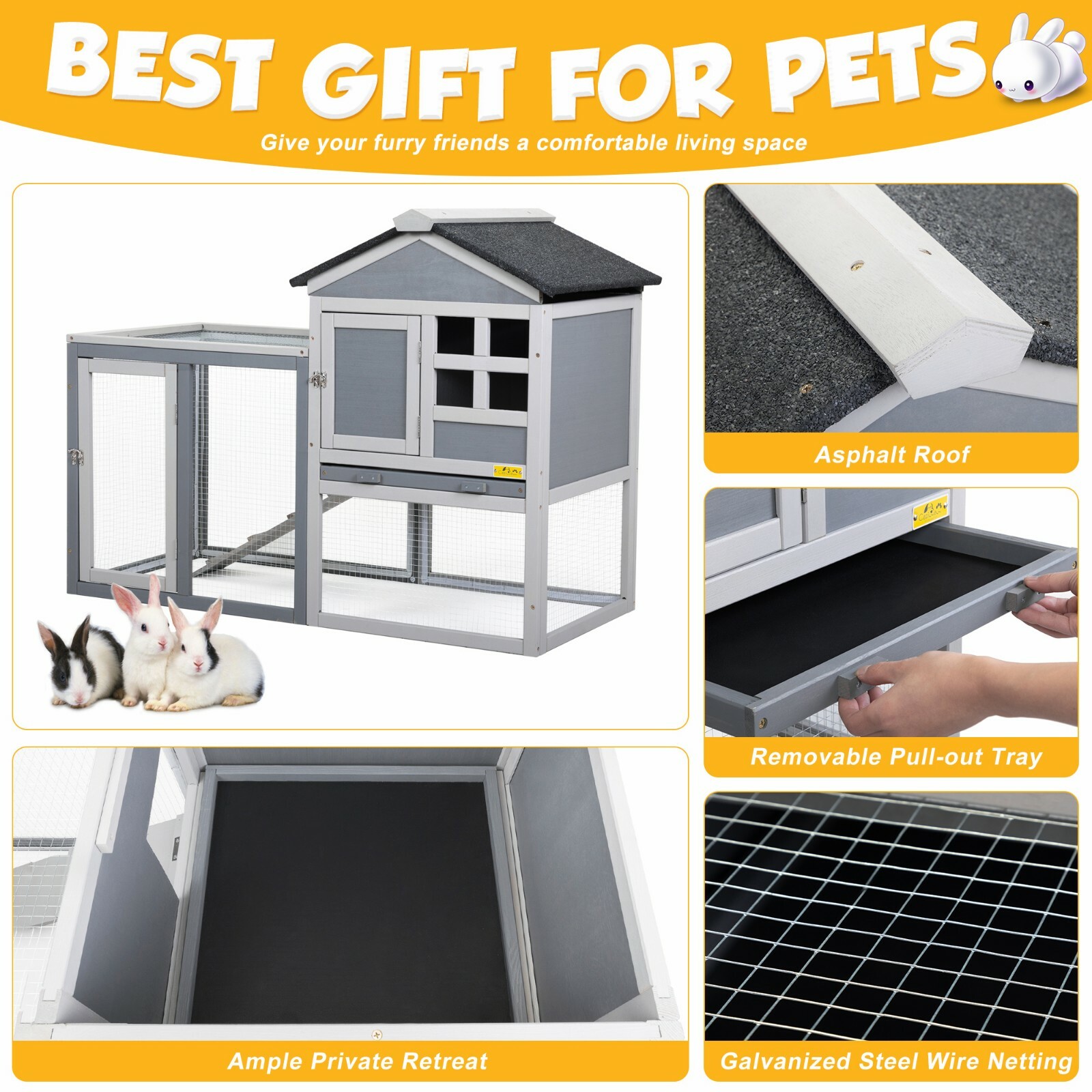2-Tier Rabbit Hutch Wooden Bunny Cage Pet Cage with Run Resting Box Outdoor