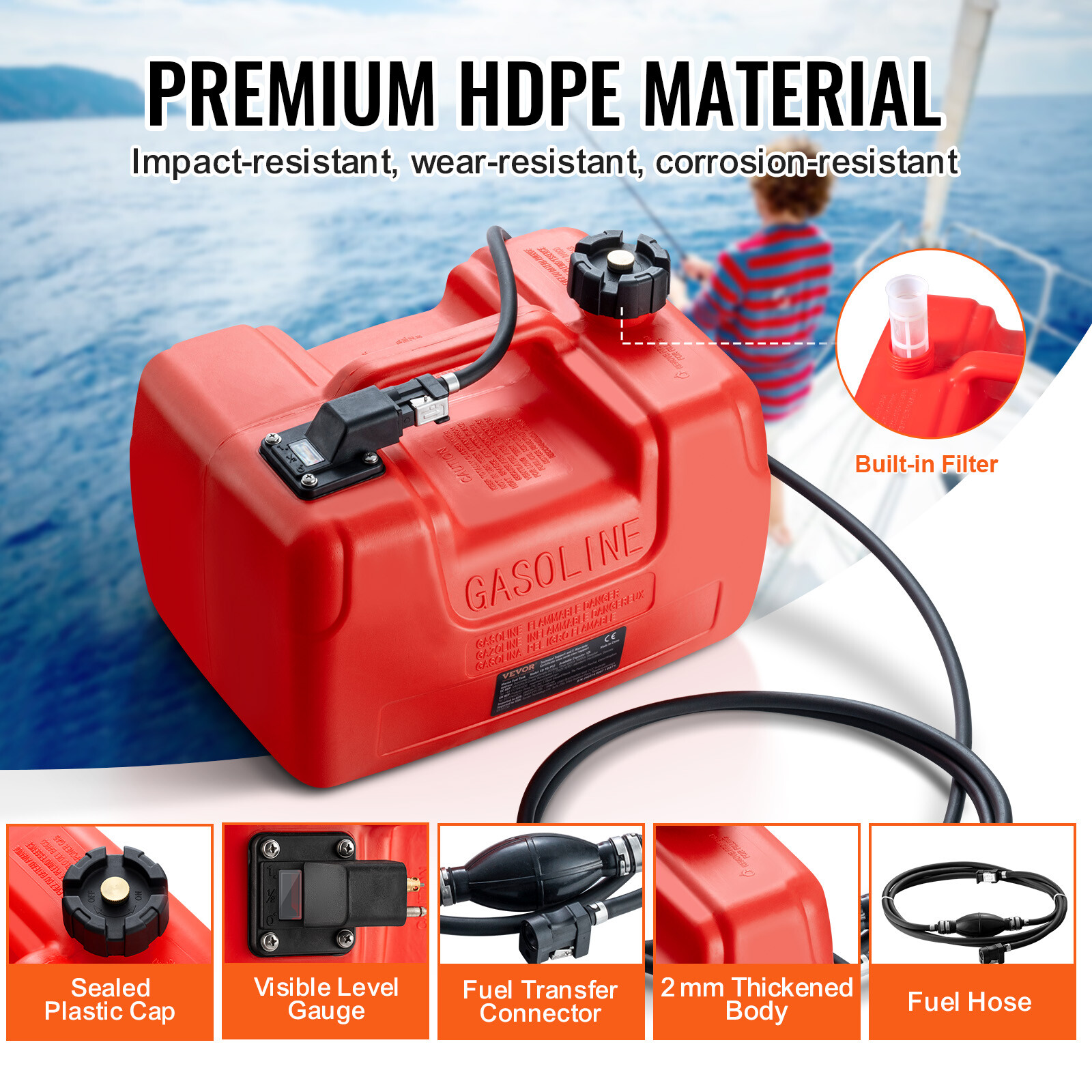 VEVOR Boat Fuel Tank Portable Marine Outboard Gas Tank 3.17 Gallon/12L with Hose
