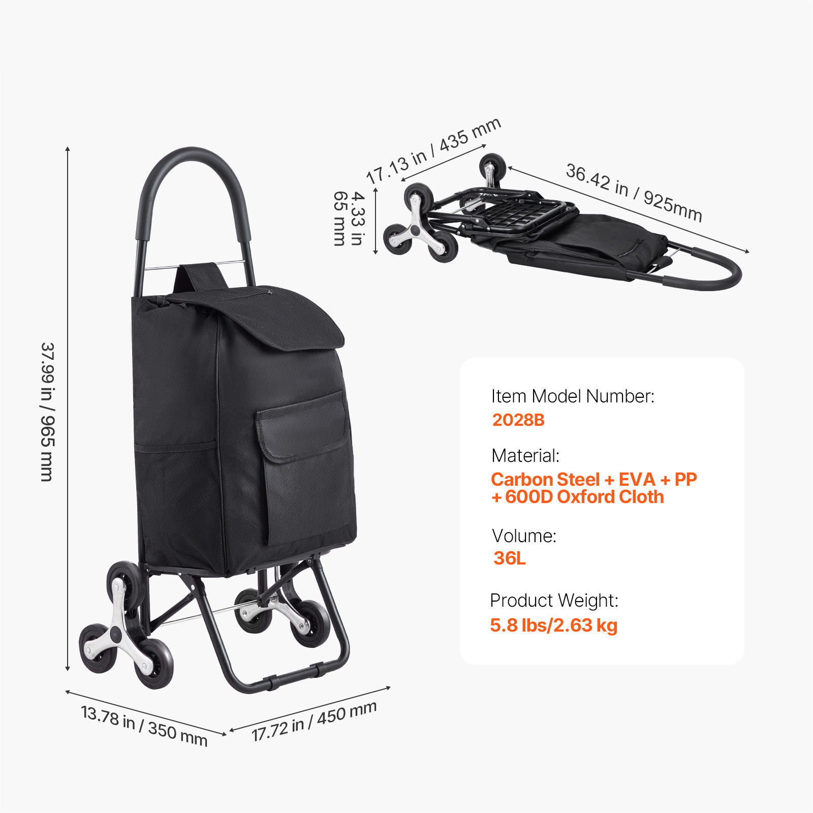 Stair Climbing Cart Foldable Shopping Cart 36L with Storage Bag 6 Wheels