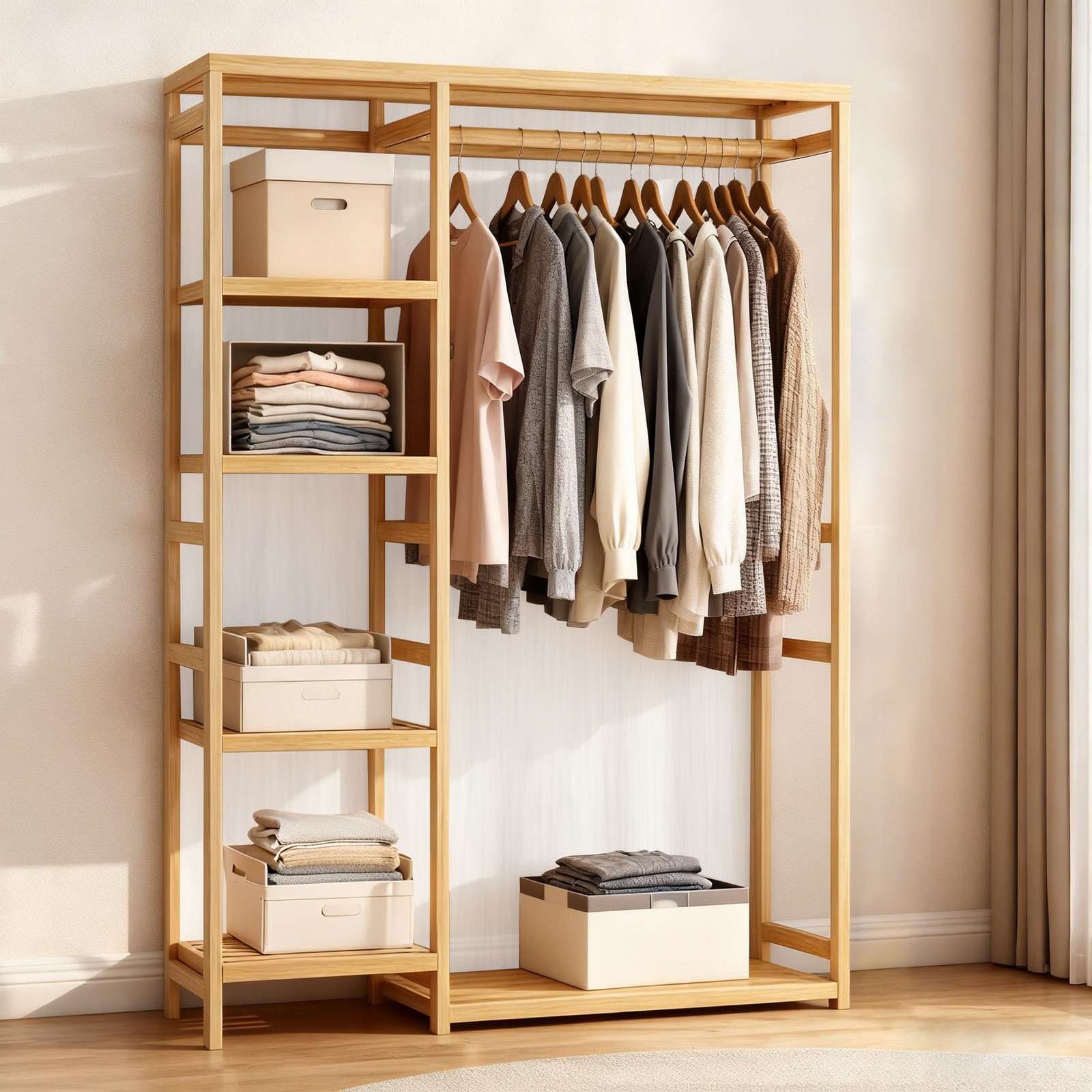 Extra Large Garment Rack Solid Bamboo Clothes Wardrobe Clothing Organizer Shelve