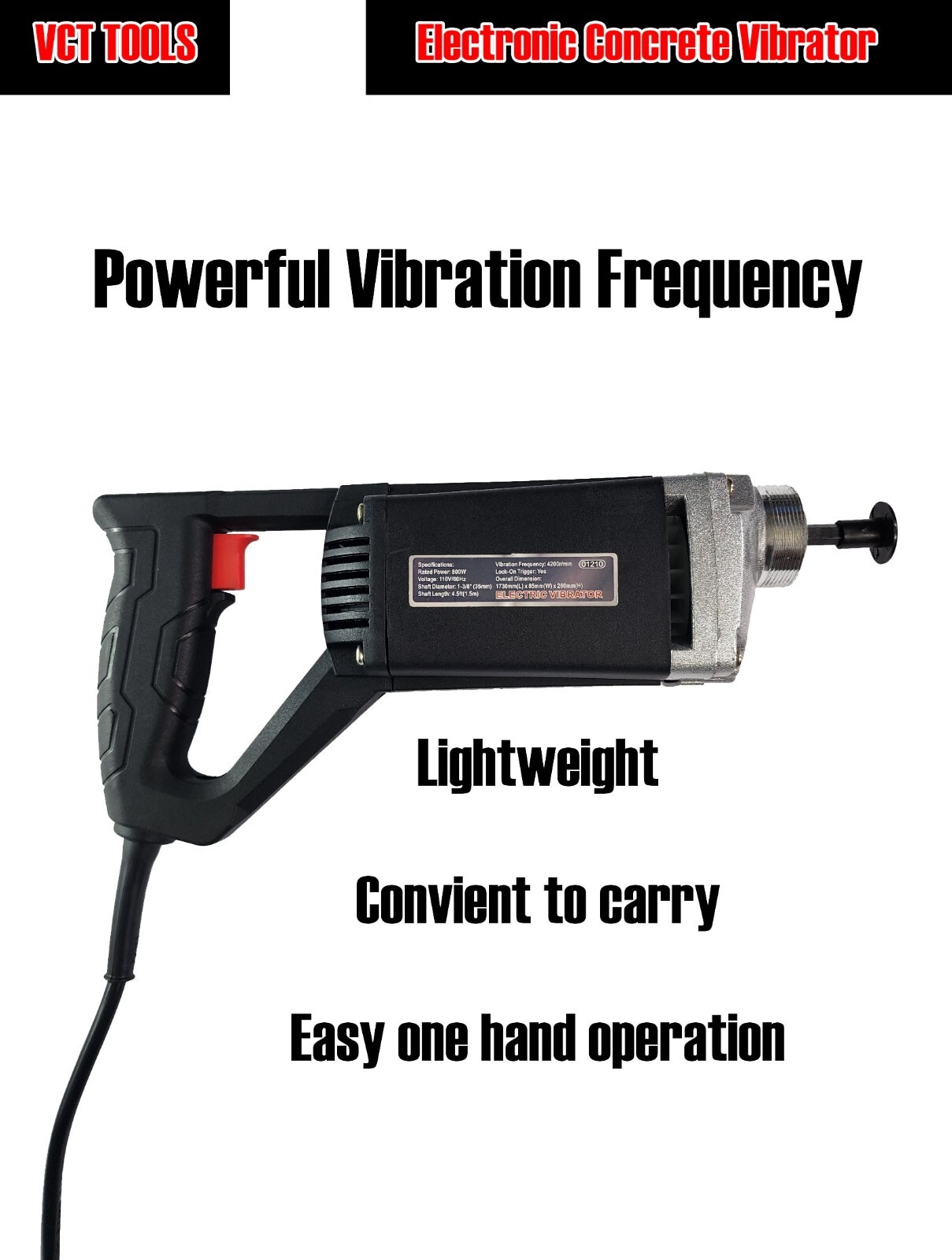 VCT Portable Concrete Vibrator 800W Electric Hand Held Vibrator Concrete