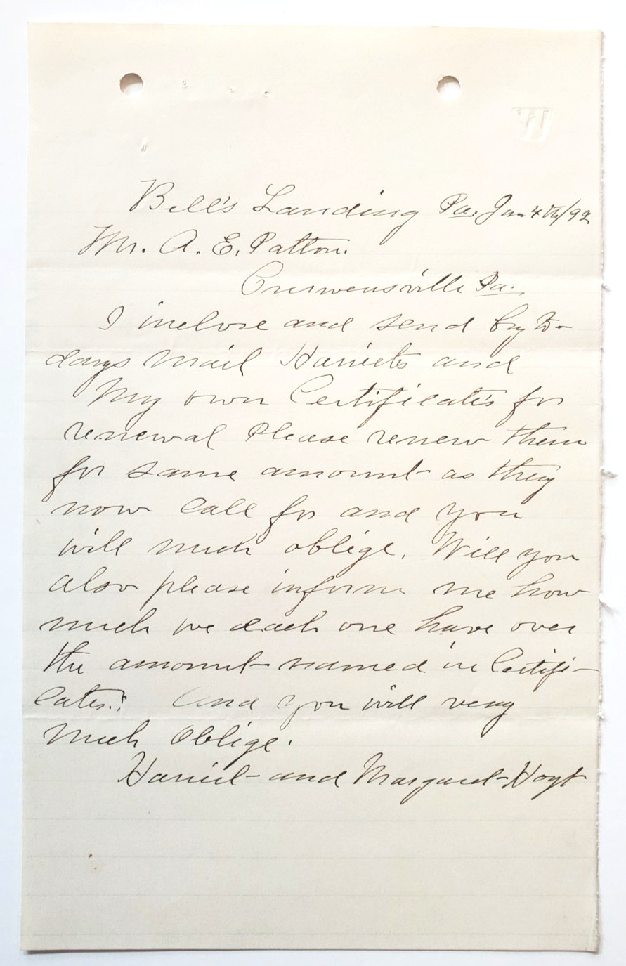 1892 Letter, Harriet & Margaret Hoyt, Bell'a Landing, PA, To Curwensville, PA