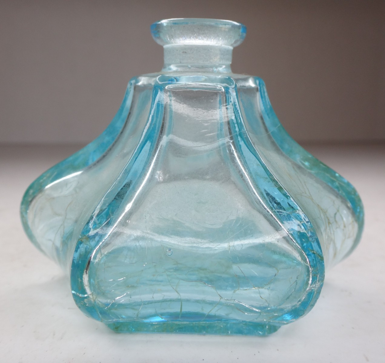 Antique Aqua Blue Green Inkwell Pressed Glass Bottle 6 Side UNUSUAL Shape
