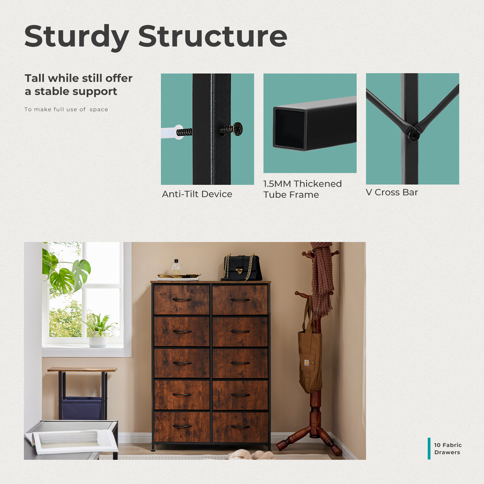 10 Fabric Drawer Dresser Storage Tall Chest Organizer Cabinet Unit Wood Top