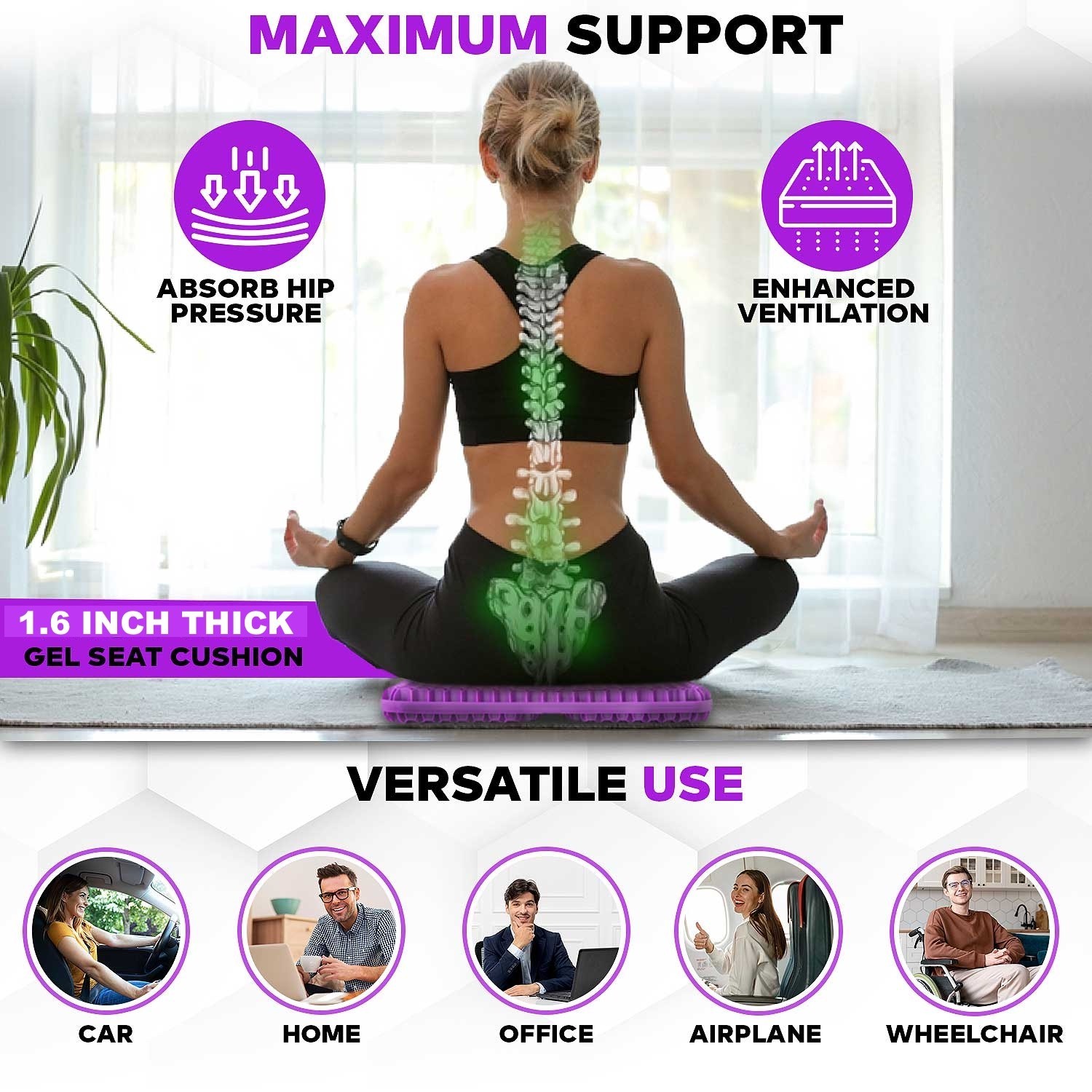 Gel Seat Cushion for Long Sitting, Ergonomic Cooling Pad, Non-Slip Cover- XLarge