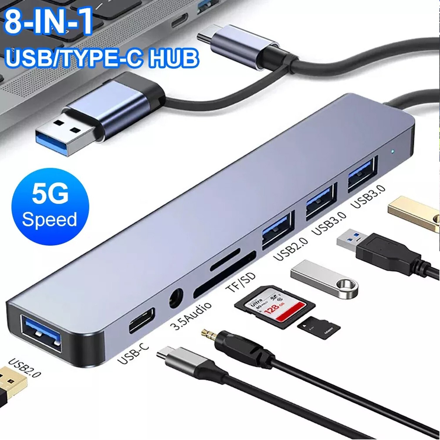 7/8 Port USB-C Hub Adapter - 5G Speed Multi Splitter for PC, Laptop & MacBook US