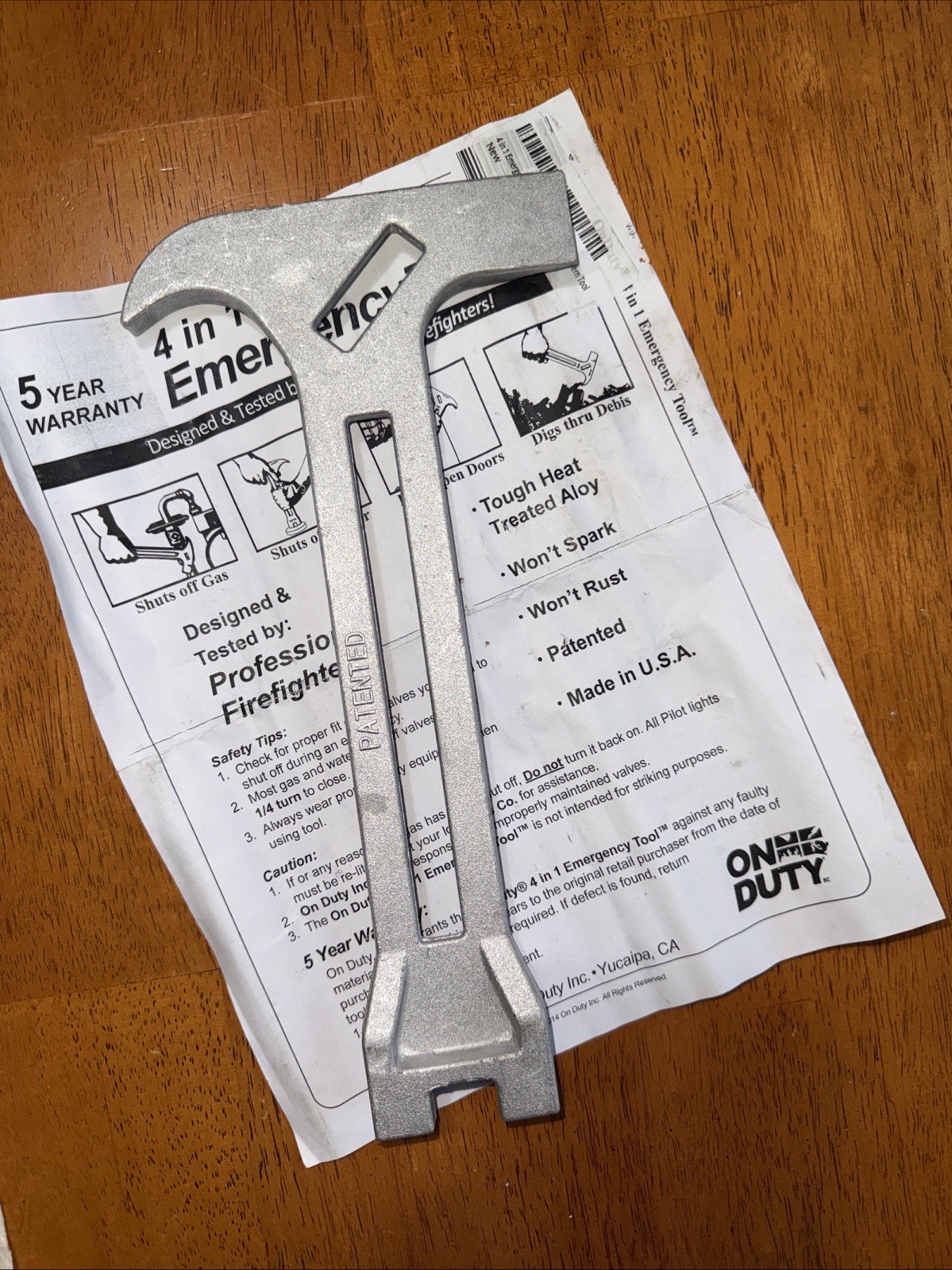 On Duty 4 in 1 Emergency Tool Gas Water Shutoff Entry Prybar Earthquake Kit New