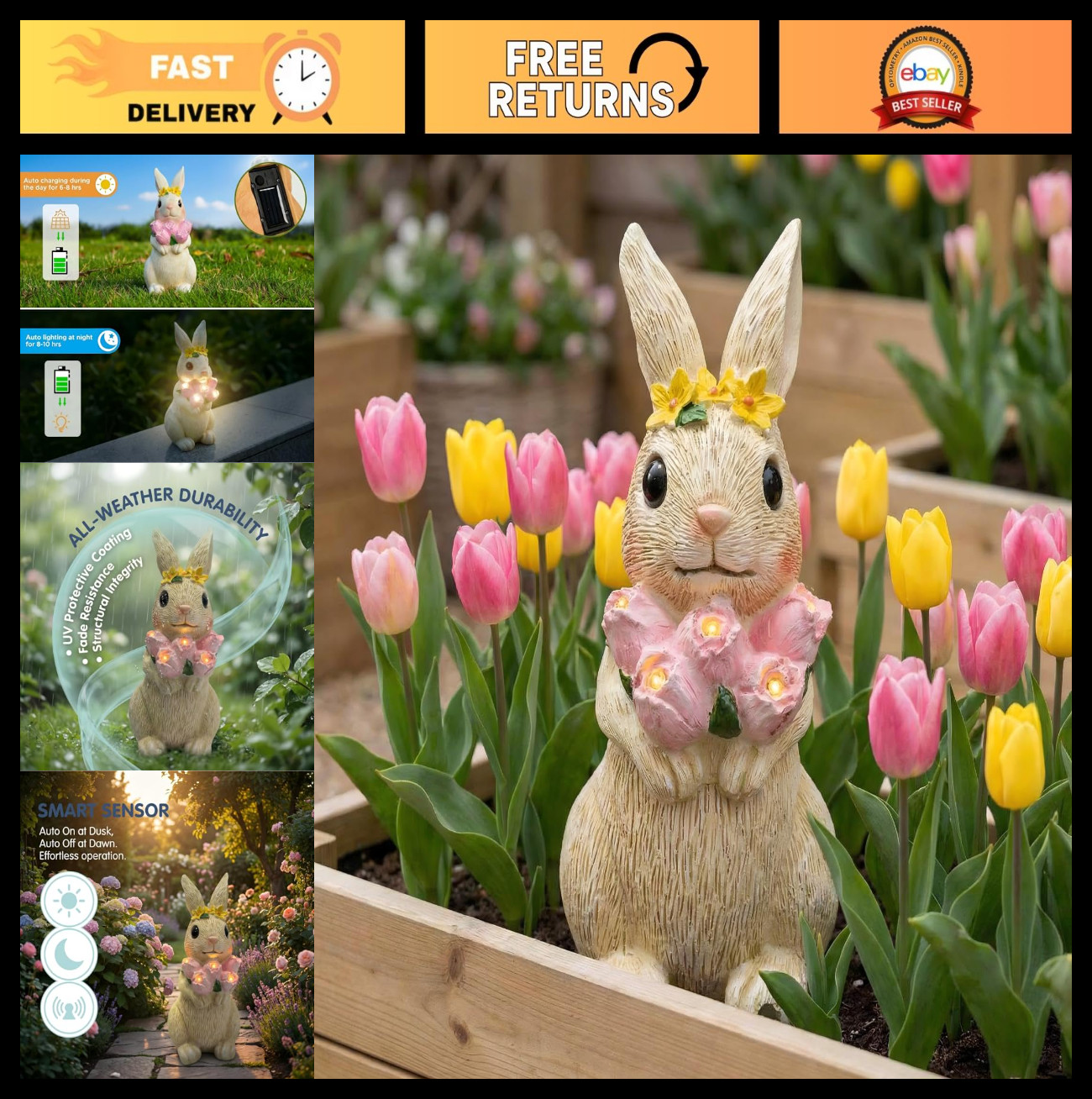 Solar Garden Rabbit Statue with Flowers & 5 LED Lights - Outdoor Yard Decor, Uni