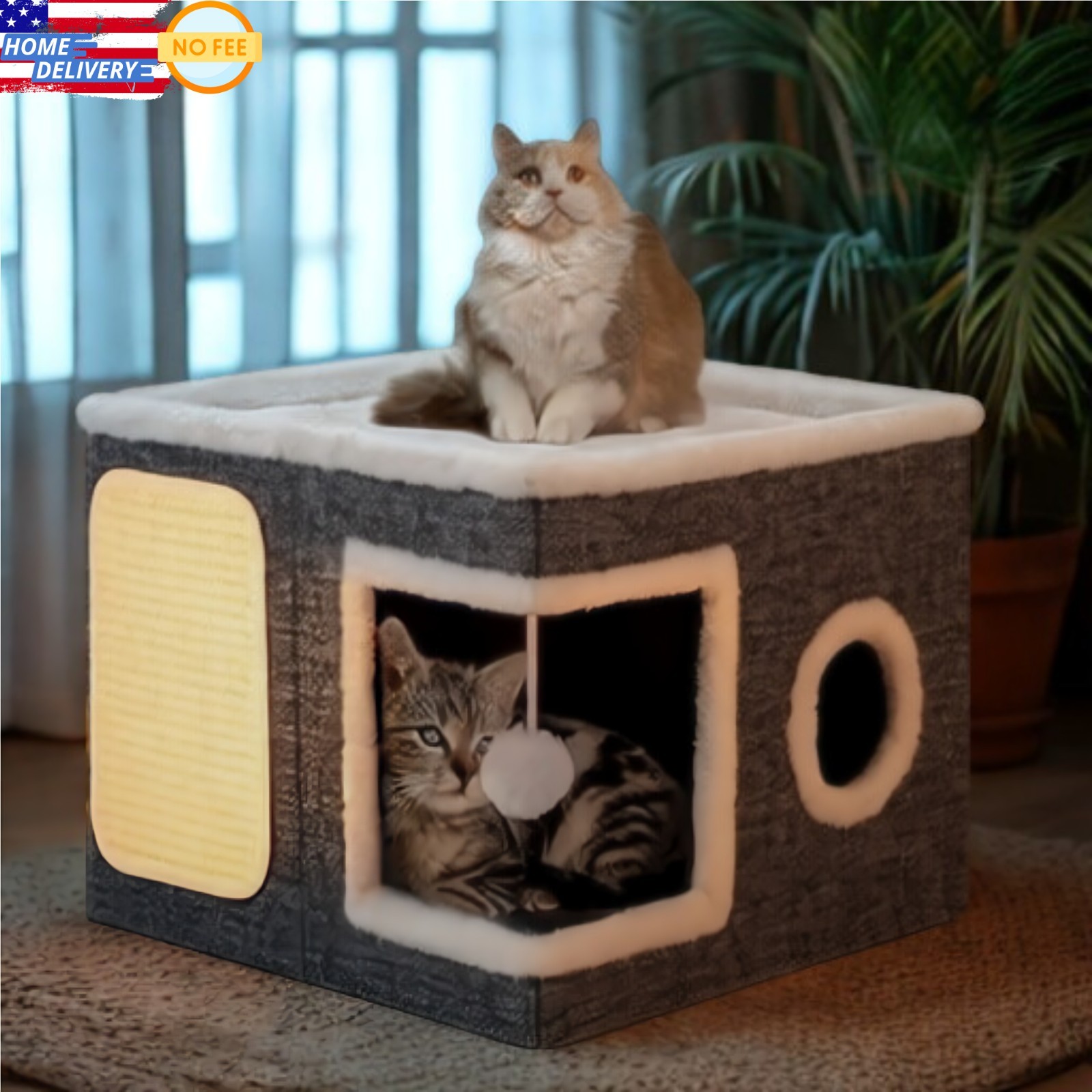 Cat Bed for Indoor Cats, Large Covered Cat House with Scratch Pad, Foldable Cat