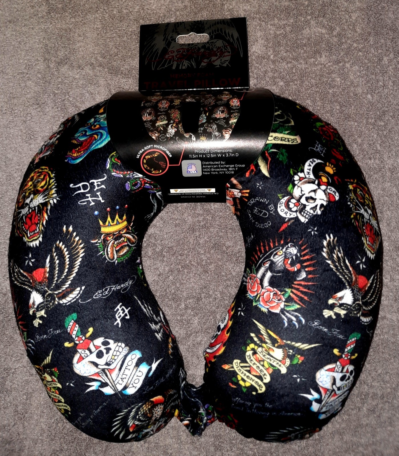 Ed Hardy Tattoo Print Neck Travel Pillow Memory Foam Removable Cover Microfiber