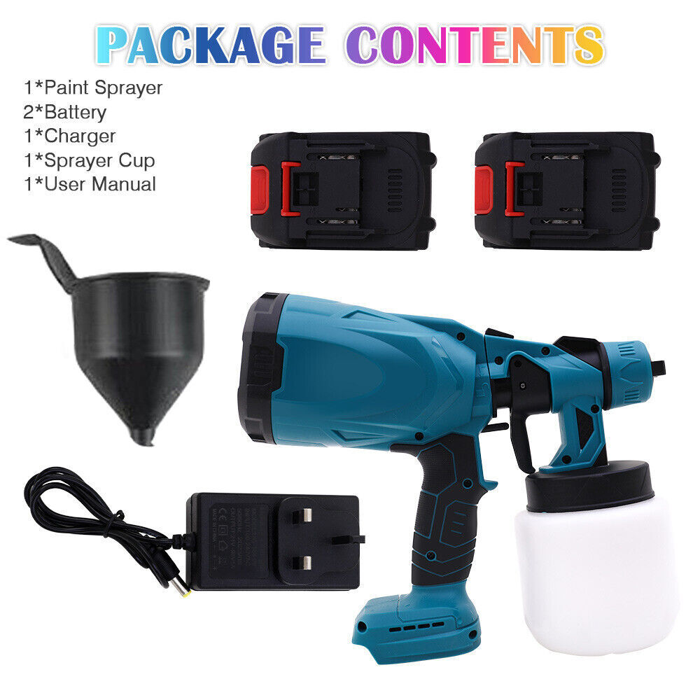 High Pressure Cordless Paint Sprayer Electric Airless HVLP Spray Gun +2 Battery