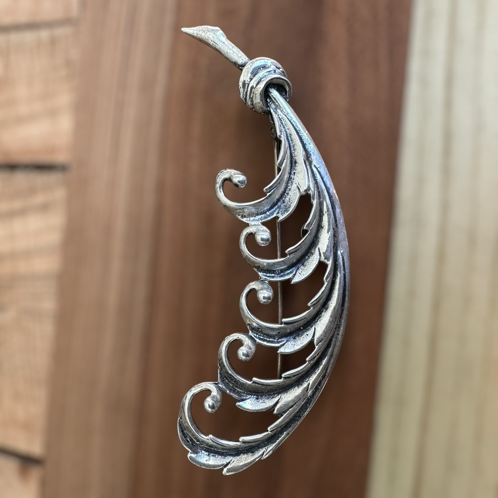 Vintage Sterling by Jewelart Pin Brooch 3 Inch Feather Scroll Signed MCM 12.6g