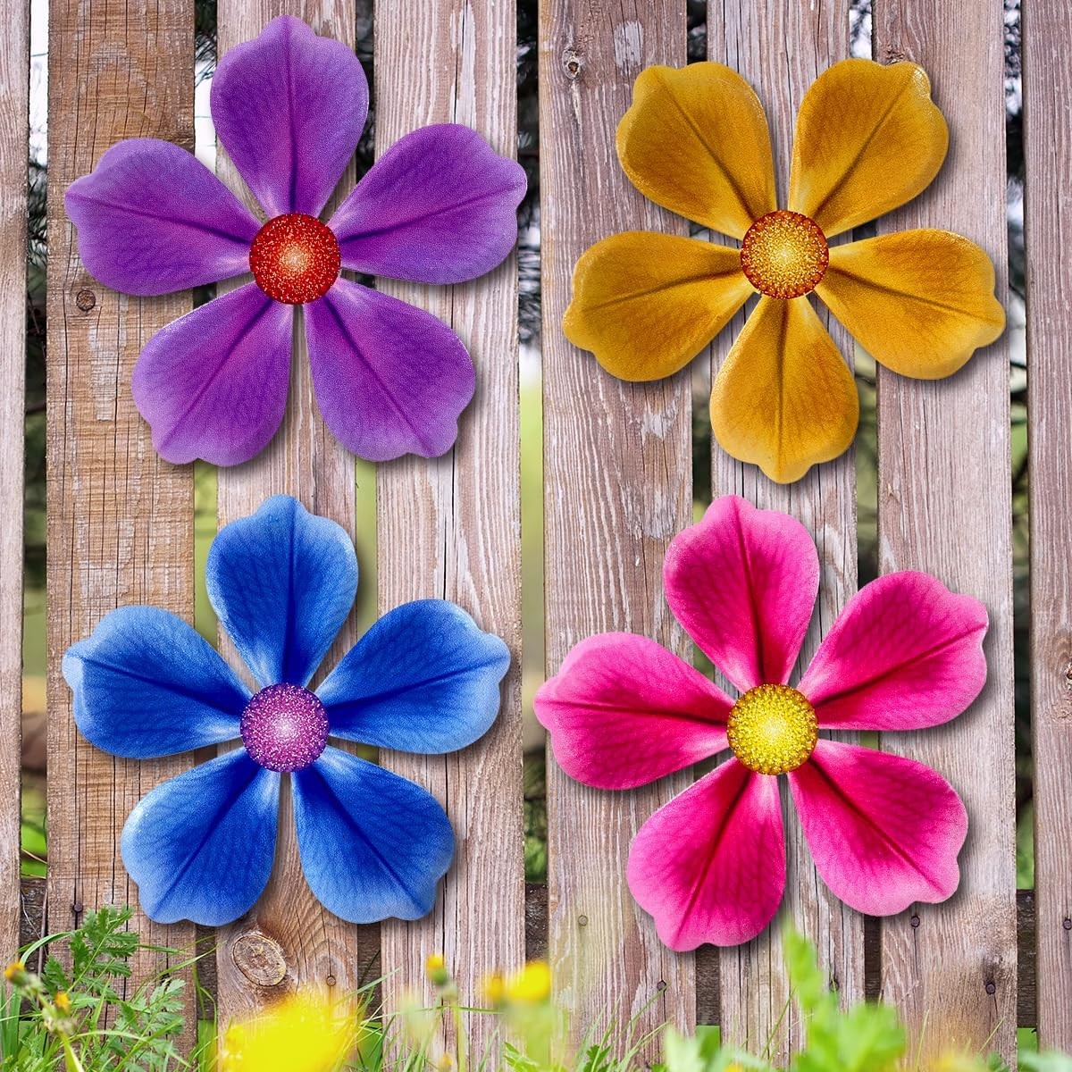 4 Pcs Metal Flower Wall Decor 6.2 Inch Hanging Art for Outdoor Garden Yard Fence