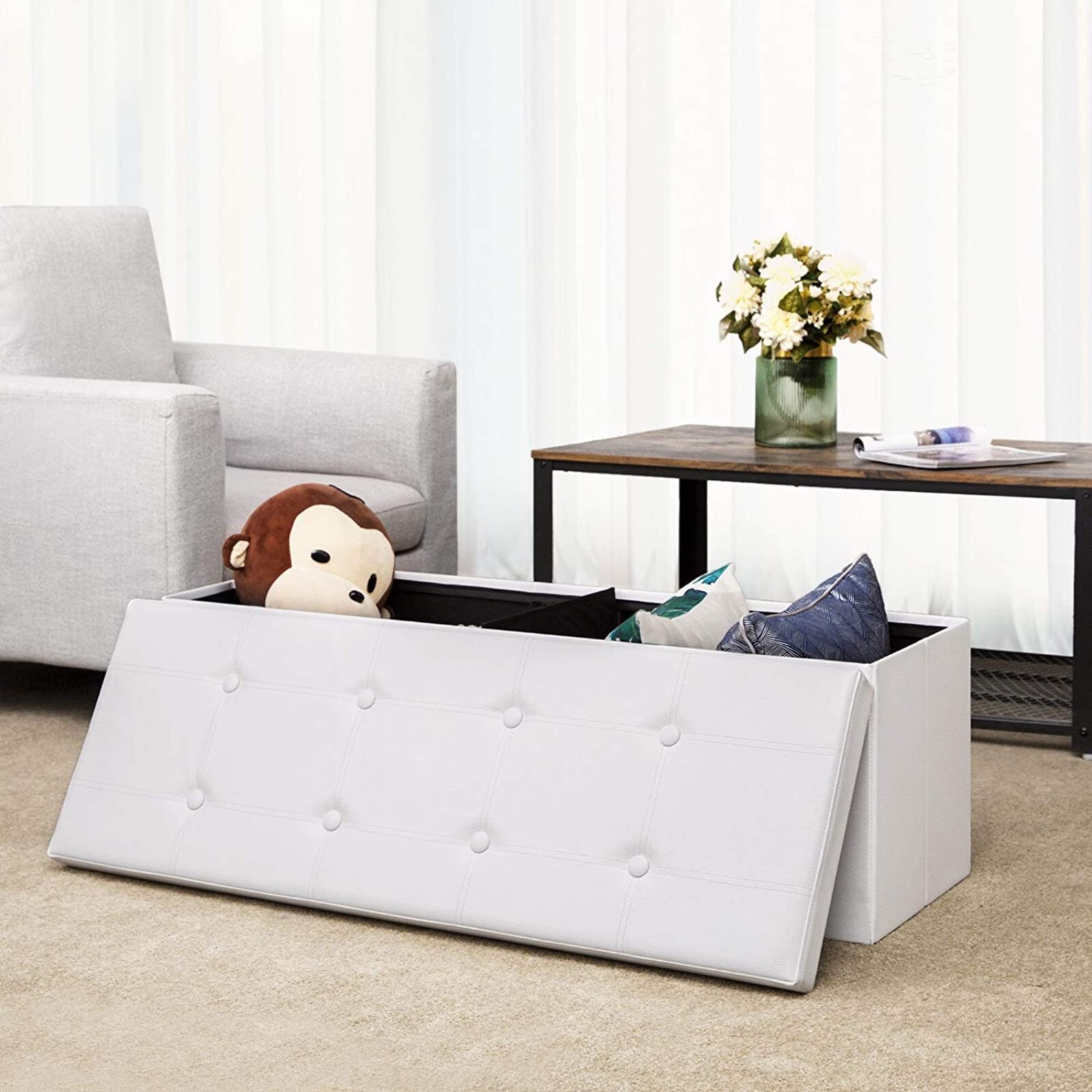 Faux Leather Folding Storage Ottoman Bench 43 inch - White