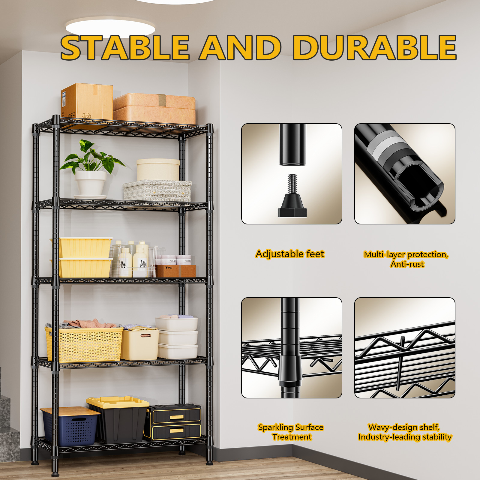 5 Tier Adjustable Wire Shelves Metal Shelf Storage Kitchen Rack 15.7x33.5x68.5"