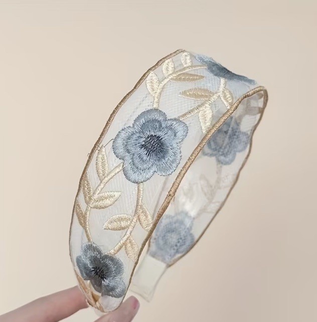 Vintage Retro Blue And Ivory Embroidered Lace Fabric Hair Band Headband