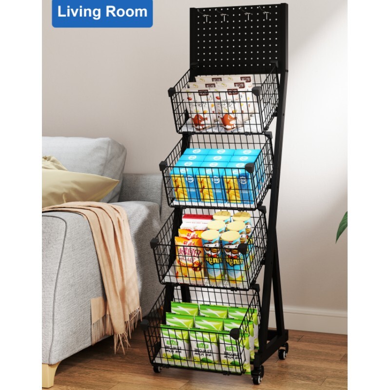 Retail Display Rack Stand 4 Tier Snack Candy Shelf Cart w/Wheels & Display Board