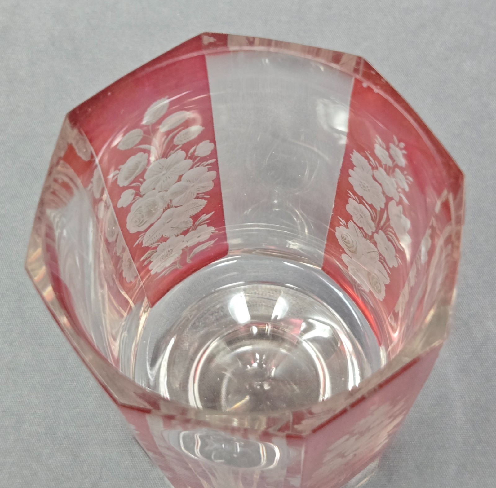 Bohemian Red Flashed Floral Etched Ale Glass