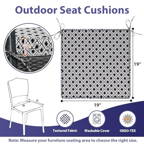Outdoor Chair Cushions Set of 4,Waterproof 19x19x3-Square Black Geometry