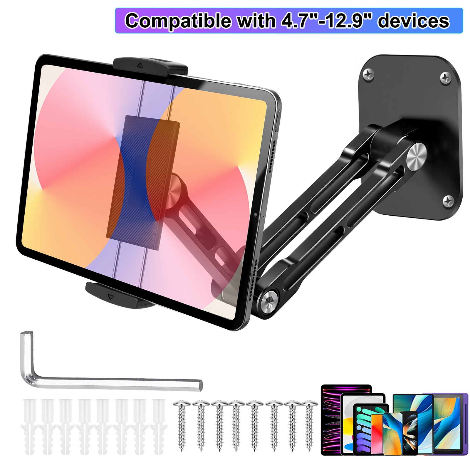 Tablet Wall Mount Holder 360° Rotating for 4.7-12.9"iPad Pro Air Mini Galaxy Tab