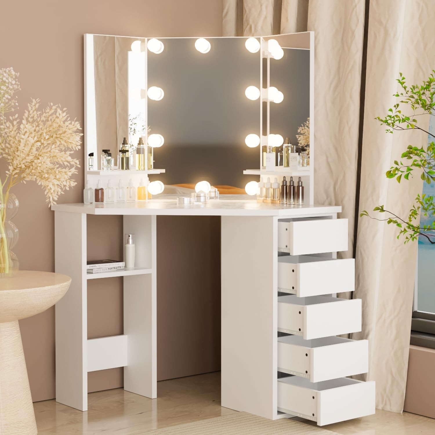 Corner Makeup Vanity Desk Bedroom Vanity Table with Lighted Mirror 3 Colors