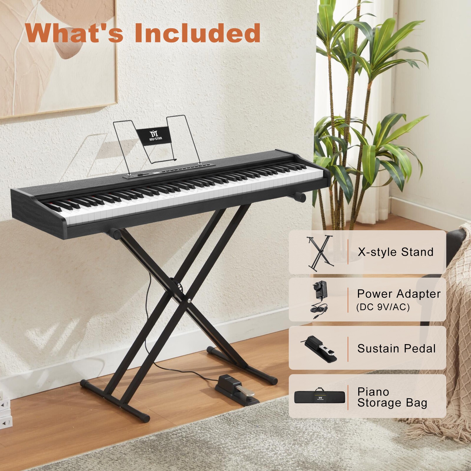 MUSTAR Black 88-Keys Full Size Semi-Weighted Digital Piano Keyboards with Pedal
