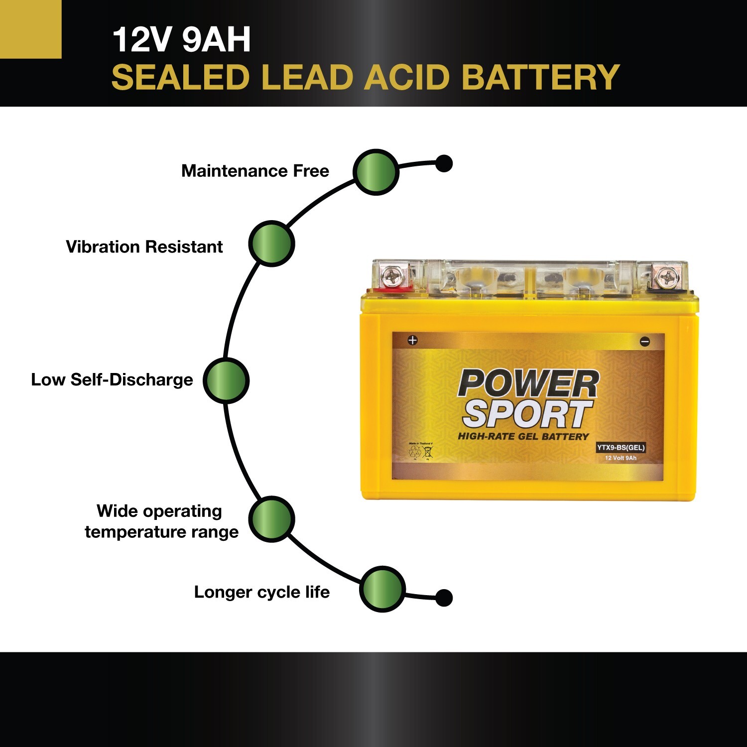 12V 9AH YTX9-BS Gel Replacement for Motorcycles, ATV, Maintenance Free Battery