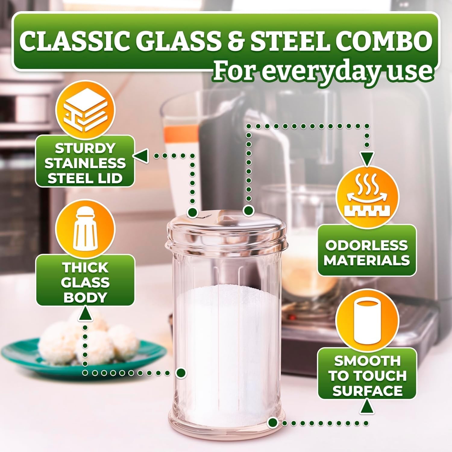 Glass Sugar Dispenser Container with Lid - Sugar Containers for Countertop Kitch