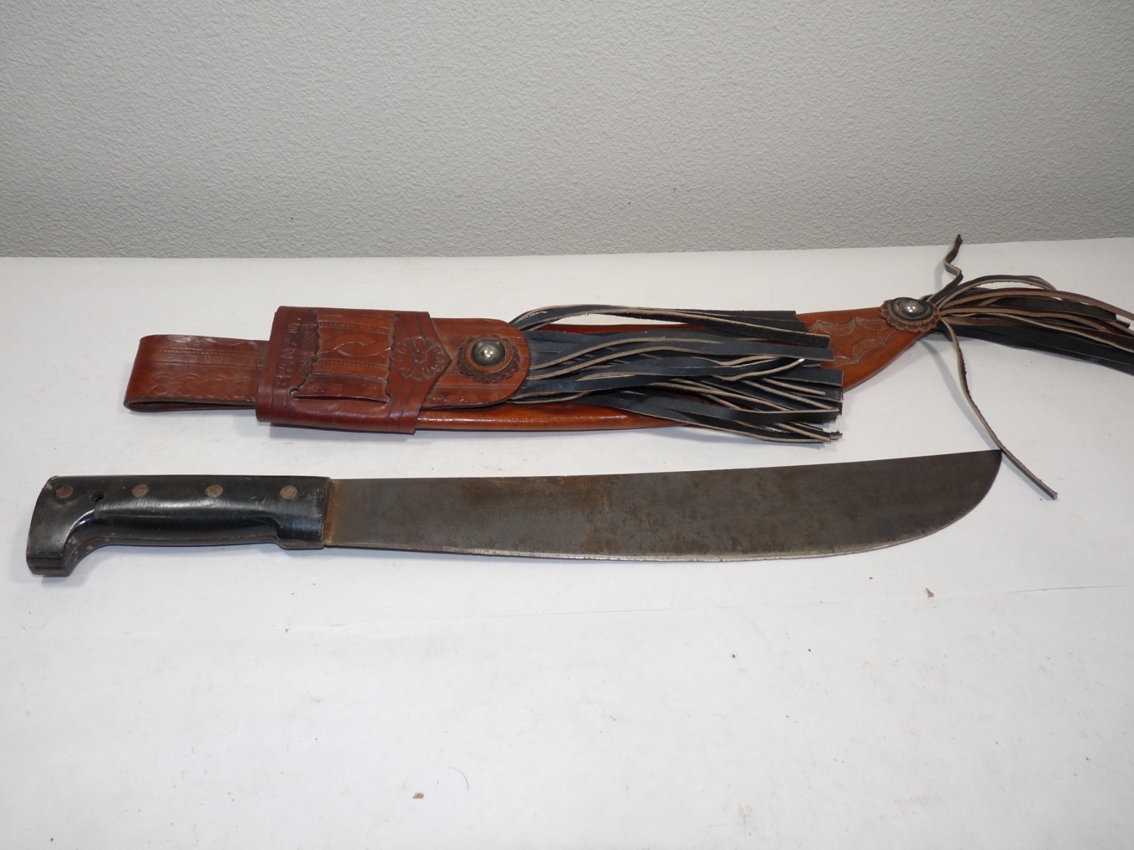 Vintage 14” Legitimus Collins Co. Guatemala Machete w/Panama Leather Sheath