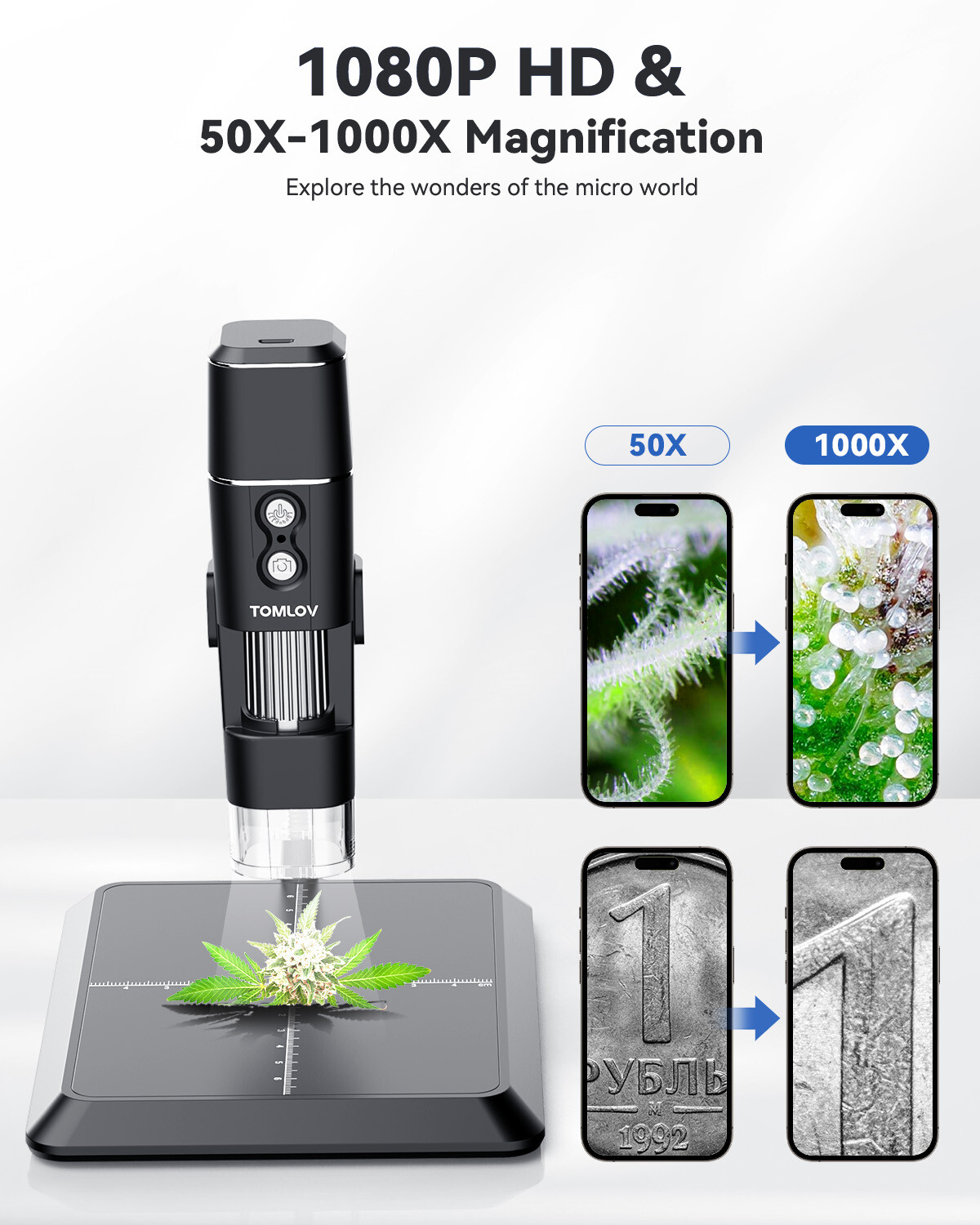 TOMLOV Digital Microscope Coin Microscope 50-1000X Magnification Handheld Used